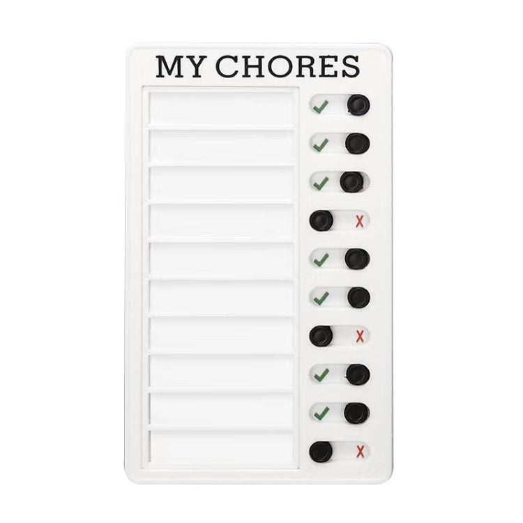 White wall checklist memo board with blank card slots, checkmarks, and black buttons