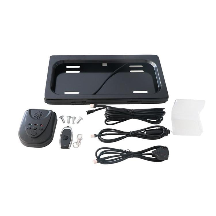 Black license plate bracket with remote control, wiring harness, and mounting hardware