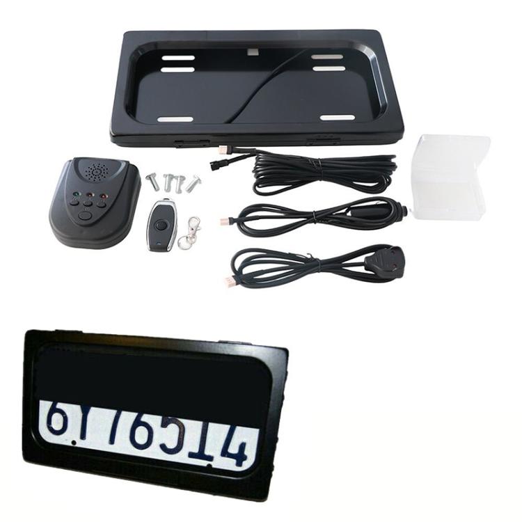 License plate bracket kit: remote, key fob, cables, screws, and mounting frame