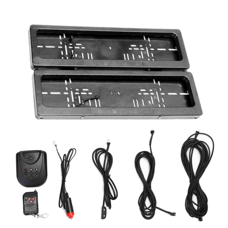 Two black rolling shutter license plate frames with control wiring and remote fob