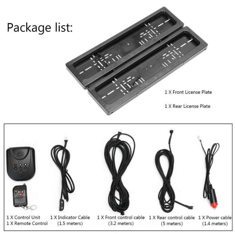Rolling shutter license plate set with front and rear frames, remote, and cables