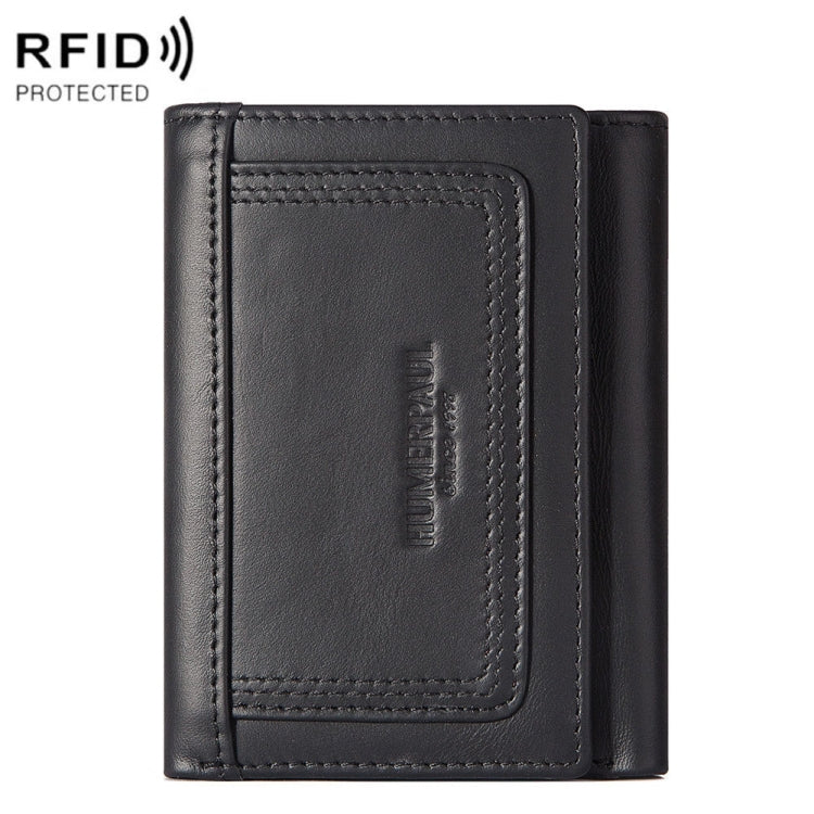 Black leather men wallet with stitched card pocket and embossed brand logo