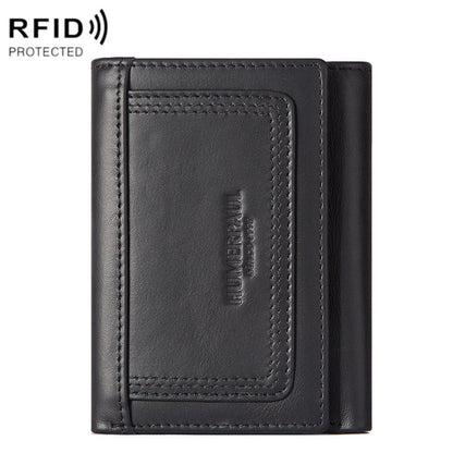 Black leather men wallet with stitched card pocket and embossed brand logo