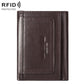 Dark brown leather men wallet with stitched card pocket and embossed brand logo