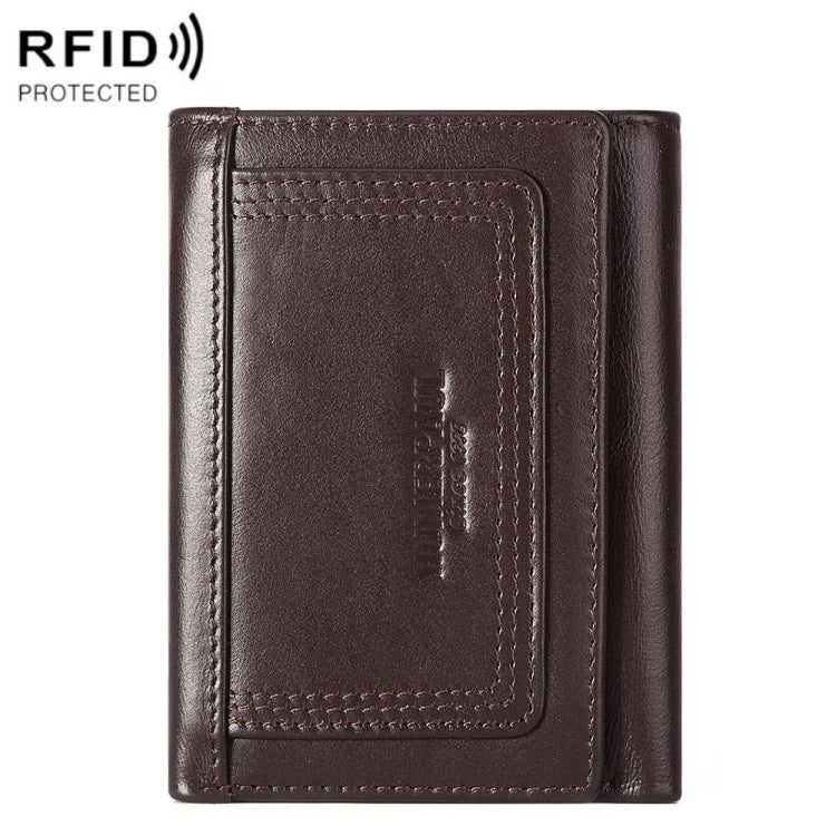 Dark brown leather men wallet with stitched card pocket and embossed brand logo