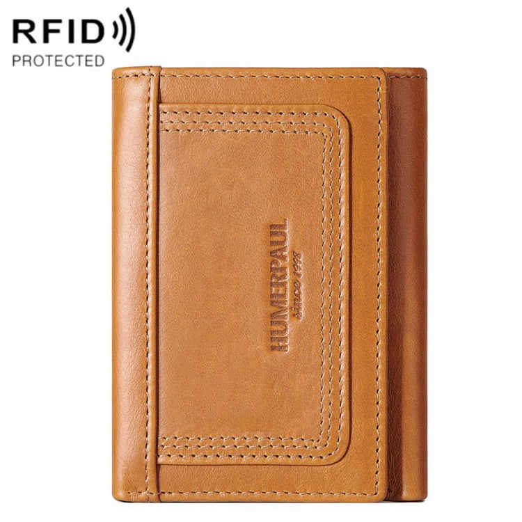 Brown leather men wallet with stitched card pocket and embossed brand logo