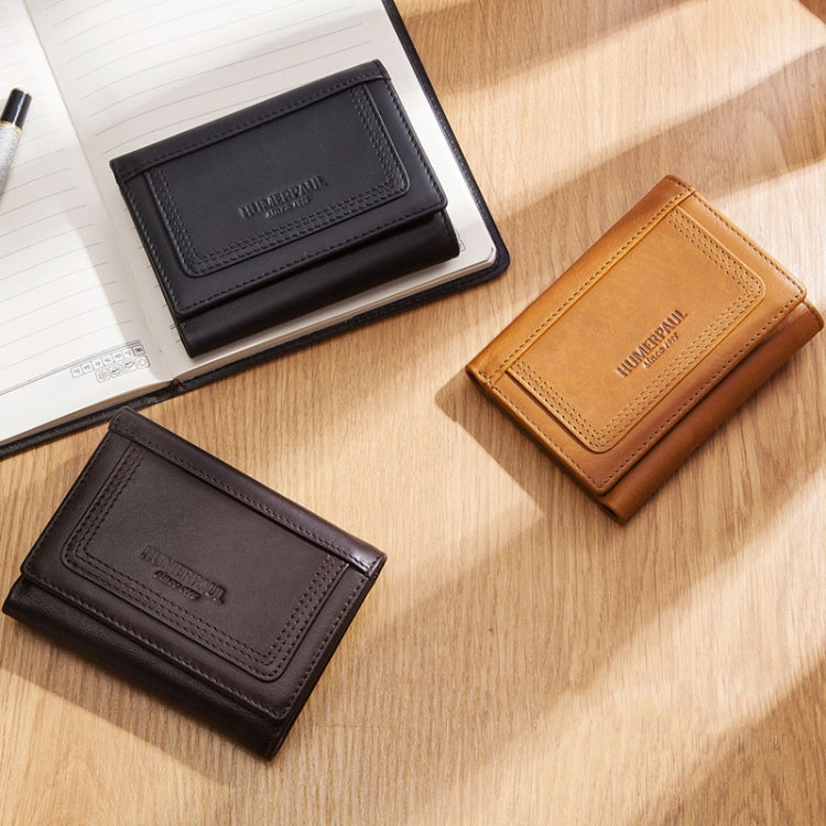 Leather men wallets in black and brown, showing front card pocket panels