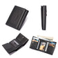 Black leather RFID wallet, open card slots and side view with zipper pocket