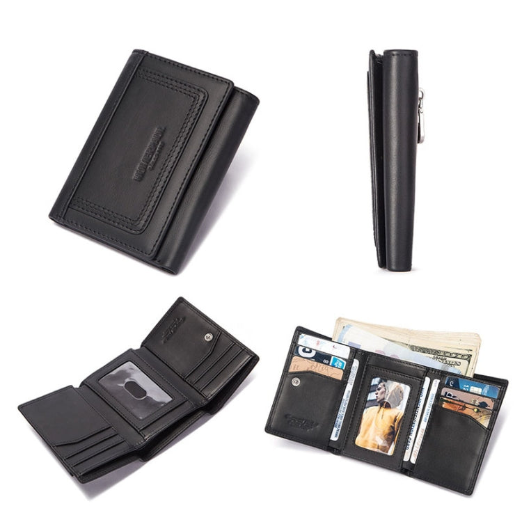 Black leather RFID wallet, open card slots and side view with zipper pocket