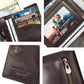 Brown leather wallet closeup with stitched card pocket and zip pull tab