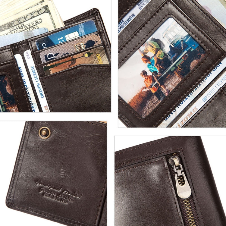 Brown leather wallet closeup with stitched card pocket and zip pull tab