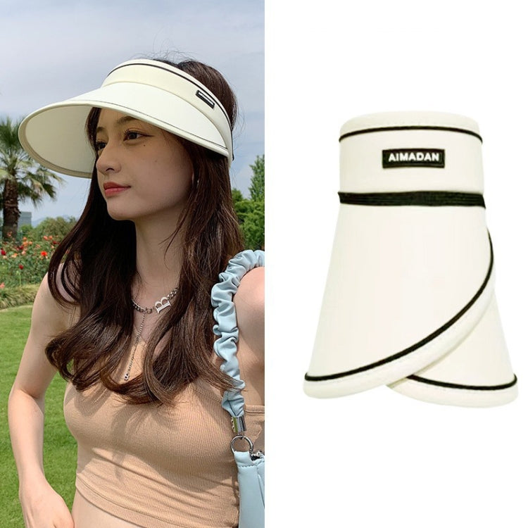 Beige rollable sun visor hat with UV protection, adjustable back strap, wide brim