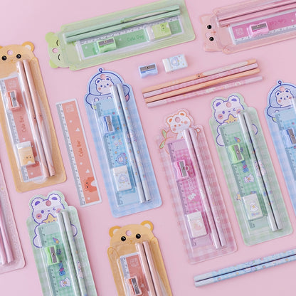 Kids pencil stationery set in clear cases with cartoon designs, rulers and pencils