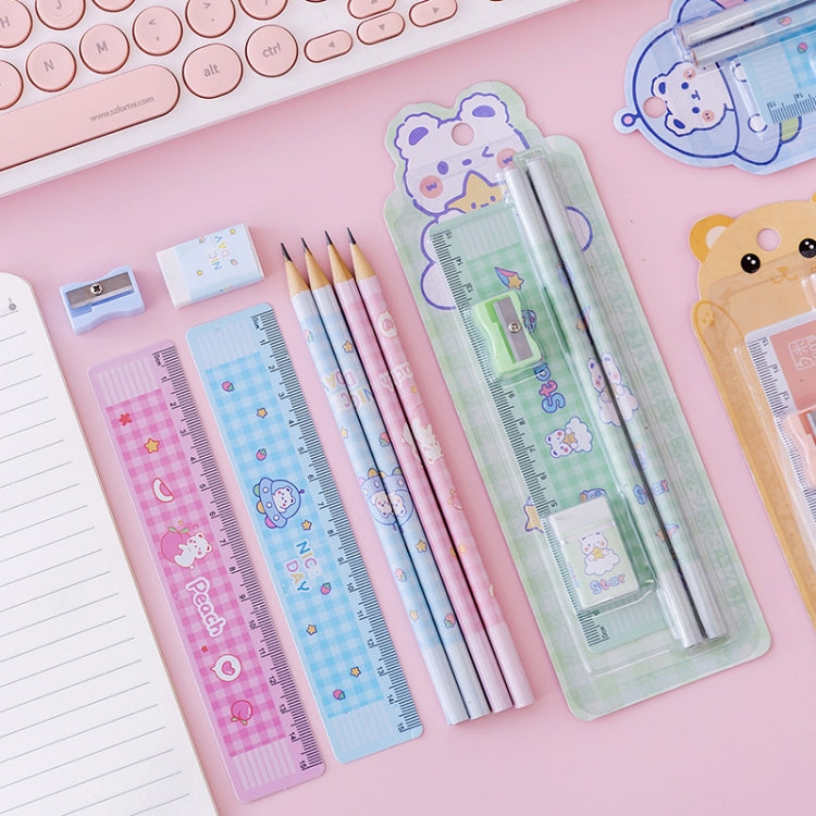 Kids pencil stationery set with blue ruler, pencils, and small accessories in pack