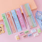 Kids pencil stationery set with colored pencils and four measuring rulers, plus eraser