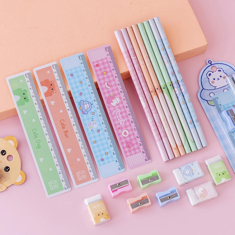 Kids pencil stationery set with colored pencils and four measuring rulers, plus eraser