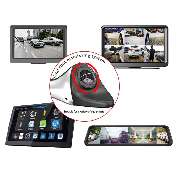 Auxiliary mirror camera with connected monitors showing multi-view rear traffic images