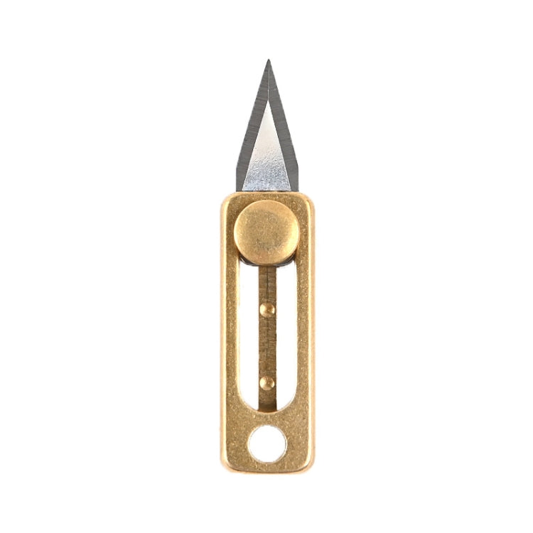 Brass mini push-pull knife pendant with hanging loop, blade up