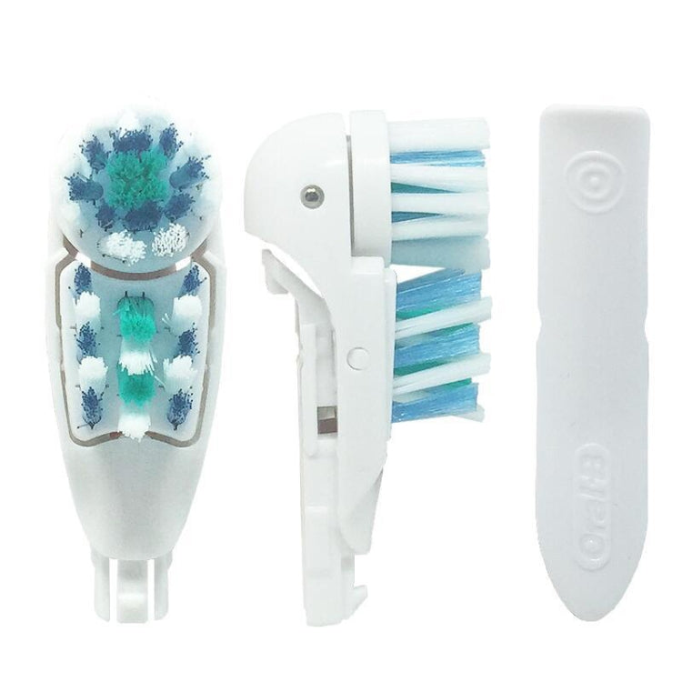 Electric toothbrush replacement head with teal-blue soft bristles and white connector