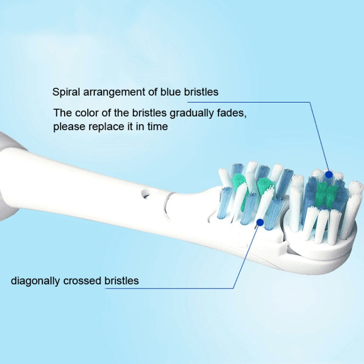 Replacement toothbrush head detail: diagonally crossed soft blue bristles on white base