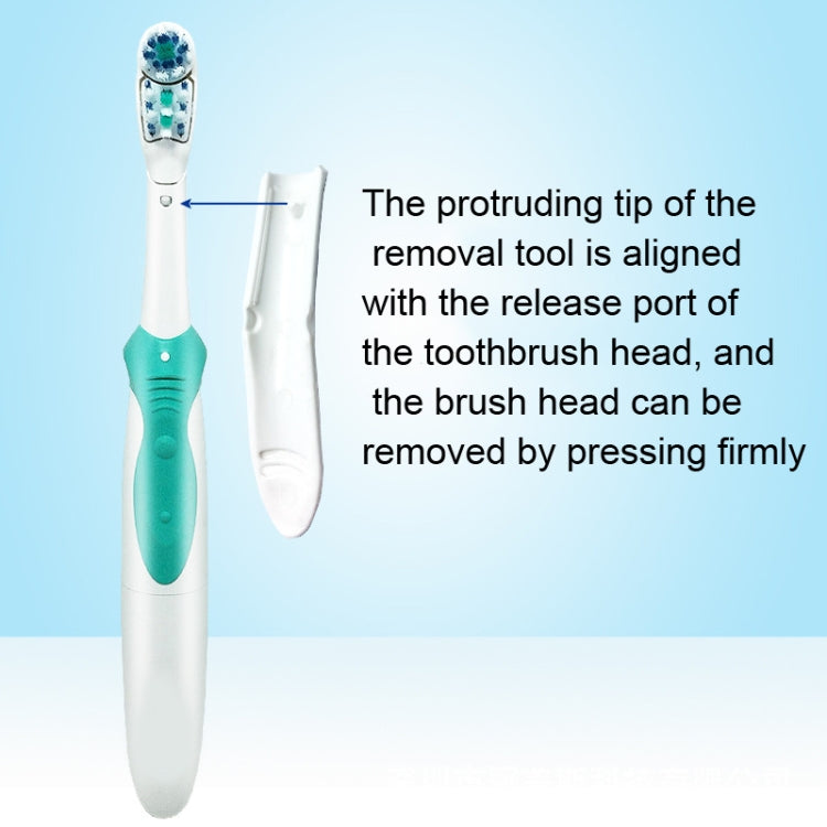 Toothbrush head removal tool with protruding tip and teal handle, fits Oral B heads