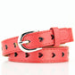 Red women’s belt with heart cutouts and silver buckle