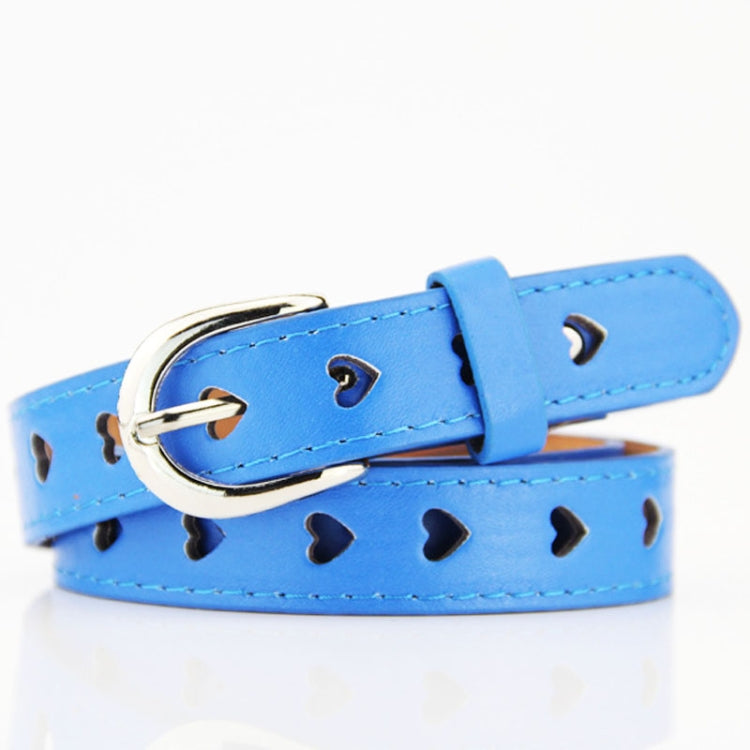Blue women’s belt with heart cutouts and silver buckle