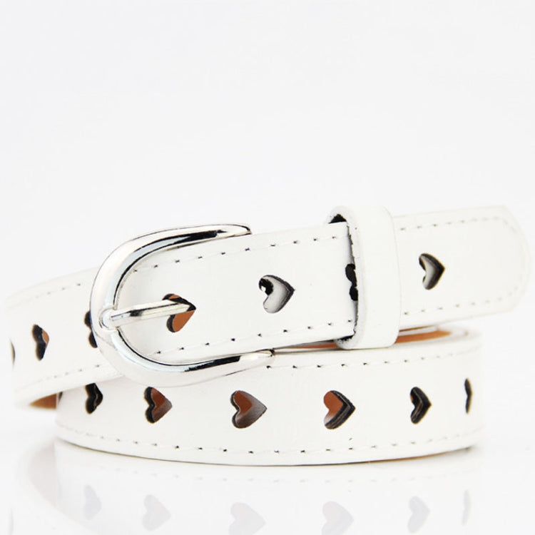 White women’s belt with heart cutouts and silver buckle