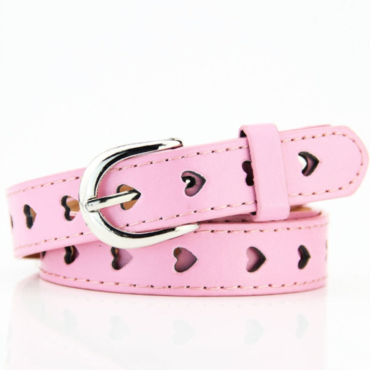 Pink women’s belt with heart cutouts and silver buckle