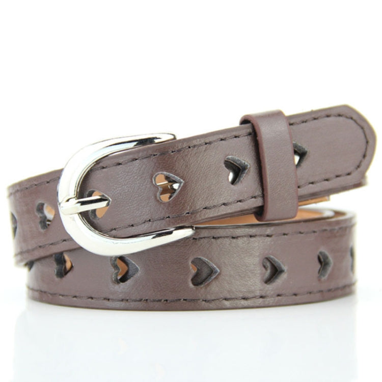 Gray-brown women’s belt with heart cutouts and silver buckle
