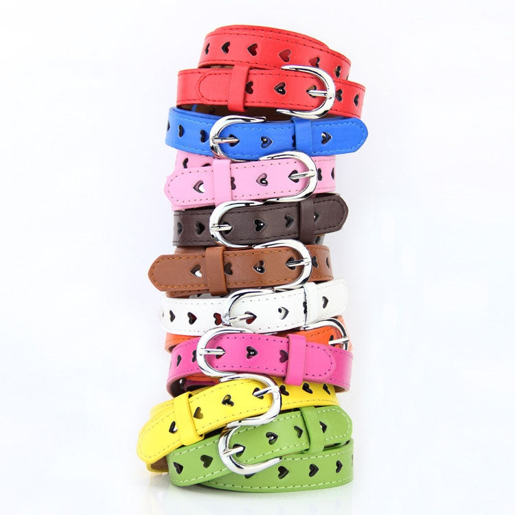 Heart cutout women’s pinching belt set with silver buckles, multi-color leather straps
