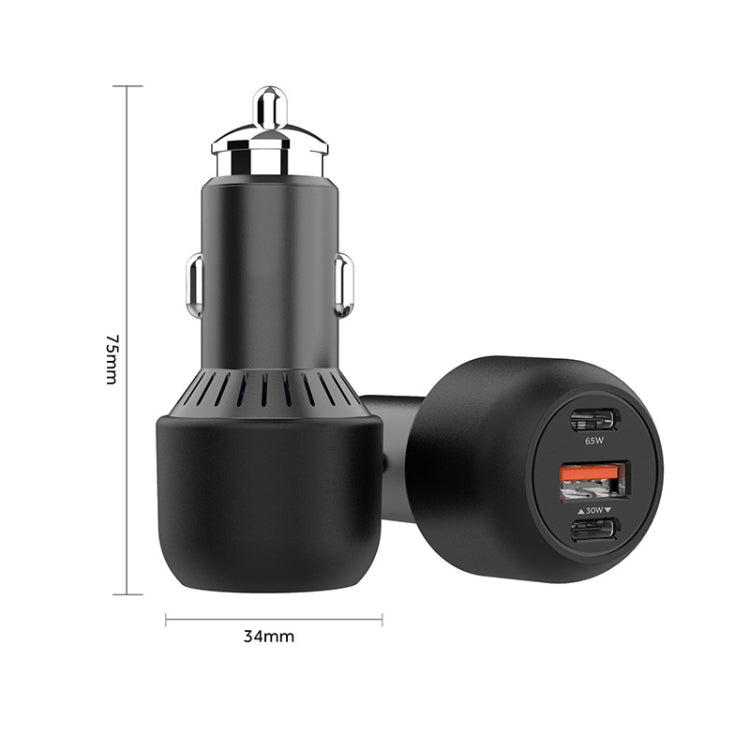 Black compact dual-port car charger plug with USB ports and metal prongs