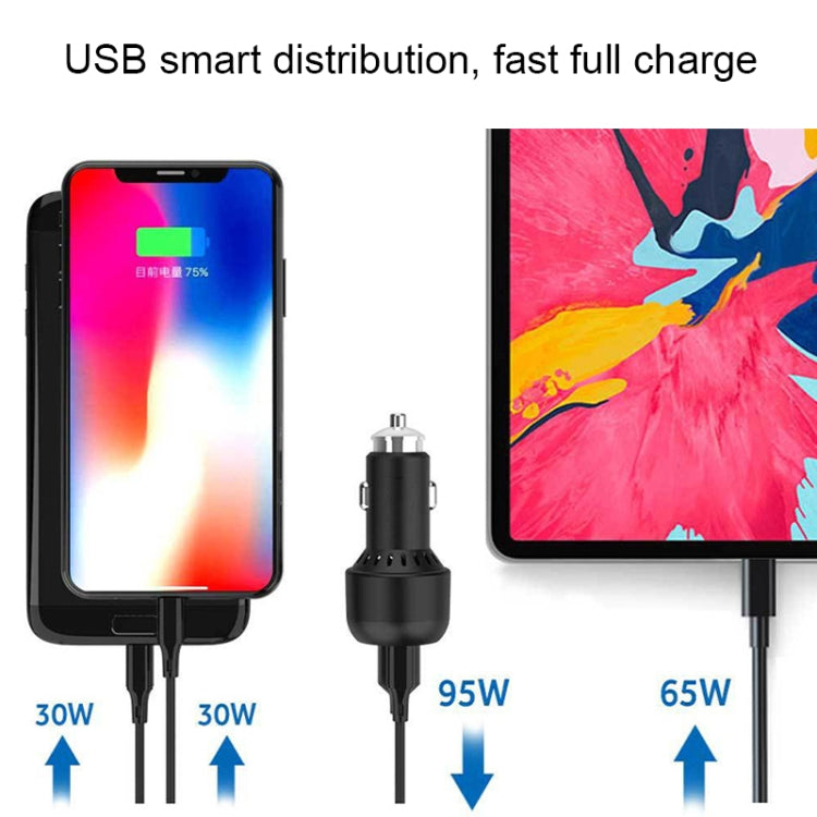 Black dual-USB car phone charger with two USB cables connected