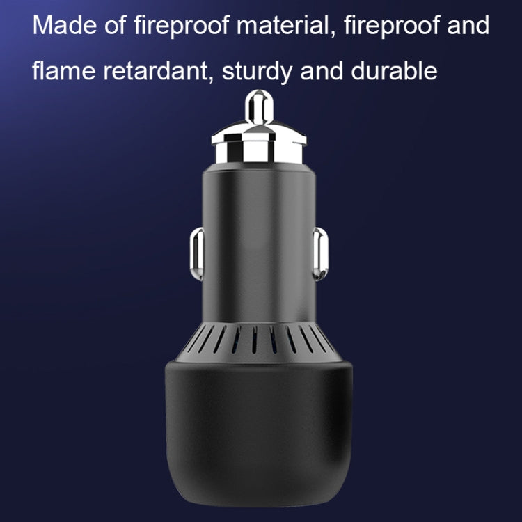 Black rugged dual-USB car charger with metal prongs and vented base