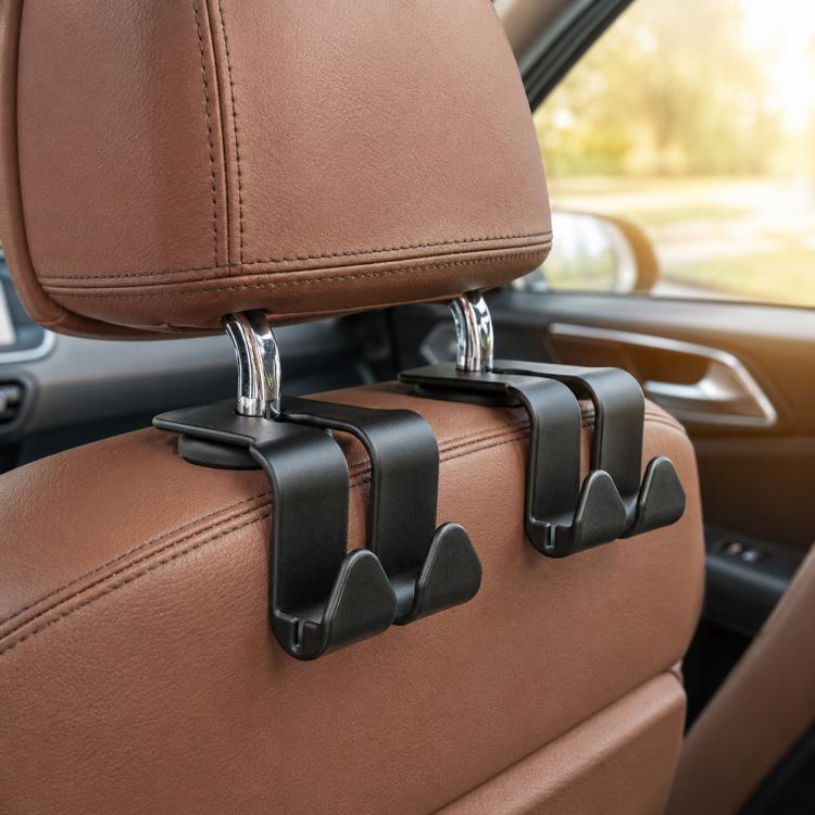 Car seat phone holder with two black clamp hooks and chrome support pins