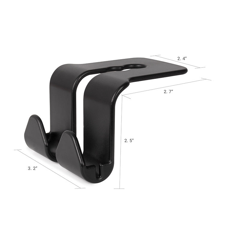 Black adjustable car seat hook phone holder with two cradle slots and angled arm
