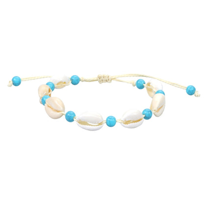 Adjustable shell bracelet with braided rope, blue bead accents, and white cowrie shells