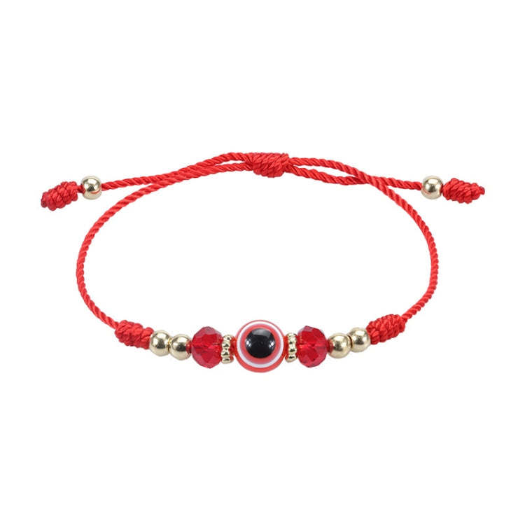 Red braided adjustable bracelet with evil-eye charm and faceted crystal beads