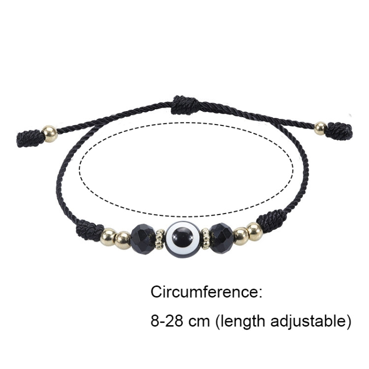 Black braided adjustable bracelet with round evil-eye bead and faceted crystal beads