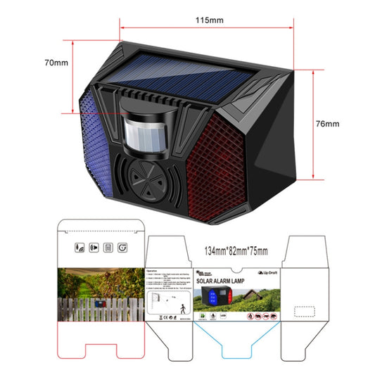Solar alarm light with solar panel and PIR lens; dimensions shown, black