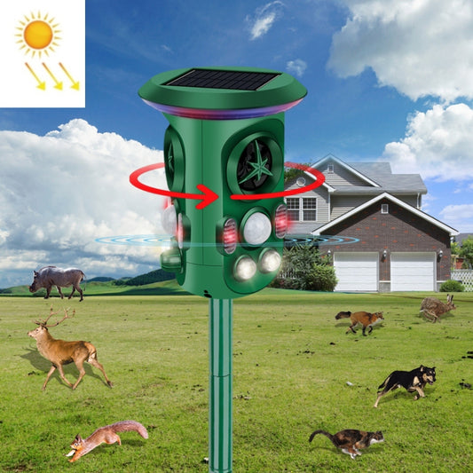 Dark green solar ultrasonic bird repeller with vented speaker head and ground stake