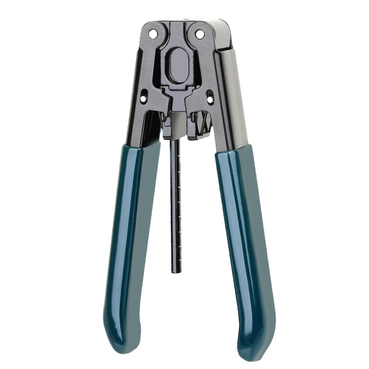 Fiber optic cable splicing tool with blue grips and black metal jaws, open