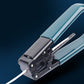 Fiber optic splicing tool with blue handle and black cutter jaws, cable end inserted