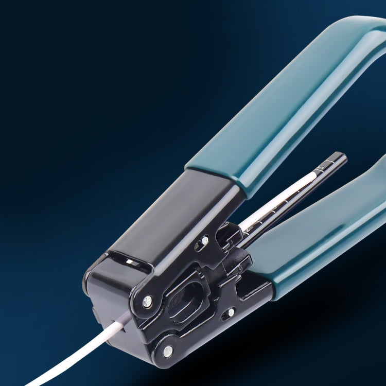 Fiber optic splicing tool with blue handle and black cutter jaws, cable end inserted