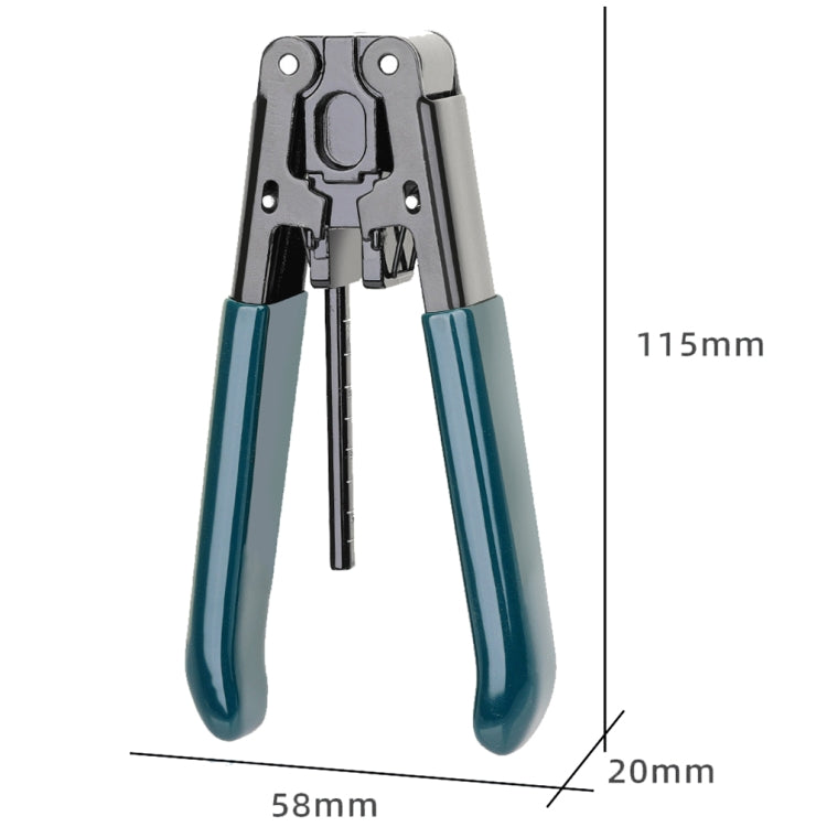 Fiber optic splicing tool dimensions: 115mm long, 58mm wide, blue-and-black handles