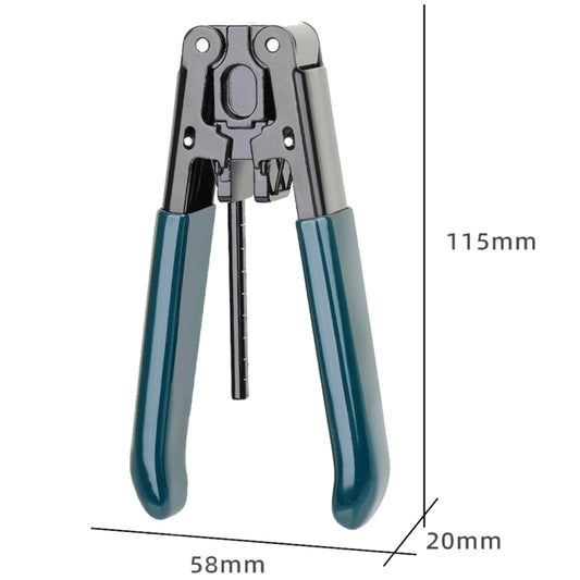 Fiber optic splicing tool dimensions: 115mm long, 58mm wide, blue-and-black handles