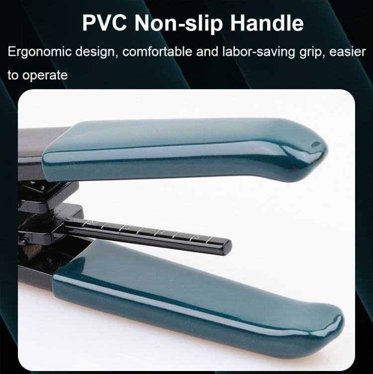 Fiber optic splicing tool with non-slip blue ergonomic handles and black base