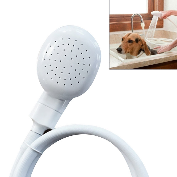 White round handheld shower head with hose, evenly spaced spray nozzles