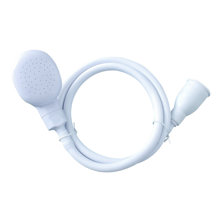 Round handheld shower head with curved white hose and spray face with dot nozzles