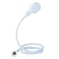 White handheld shower head on short hose, round face with multiple spray holes
